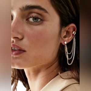 Free People Party Party Ear Chain Cuff Amber Rhinestone Gunmetal NWT Bohemian